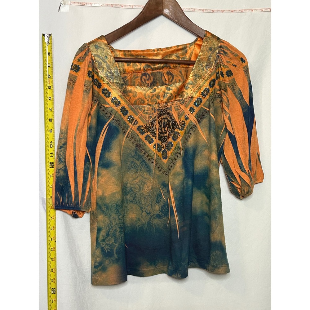 Orange Blue Tie Dye Square Neck 3/4 Sleeve‎ Blouse Women's Small Polyester